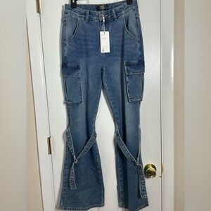 Blue Flare Wide Leg Jeans with Distressed Look